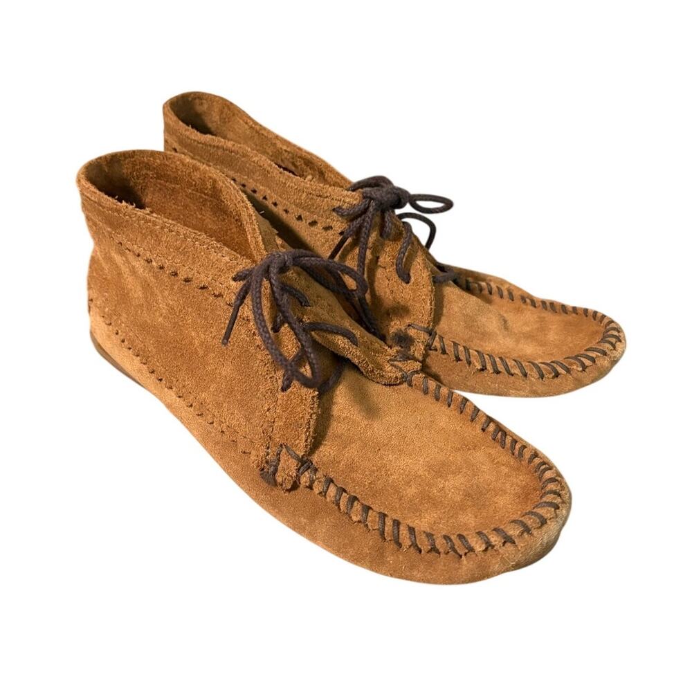 Minnetonka Tan Brown Moccasins- Womens Size 9- brown laces preowned boho comfort